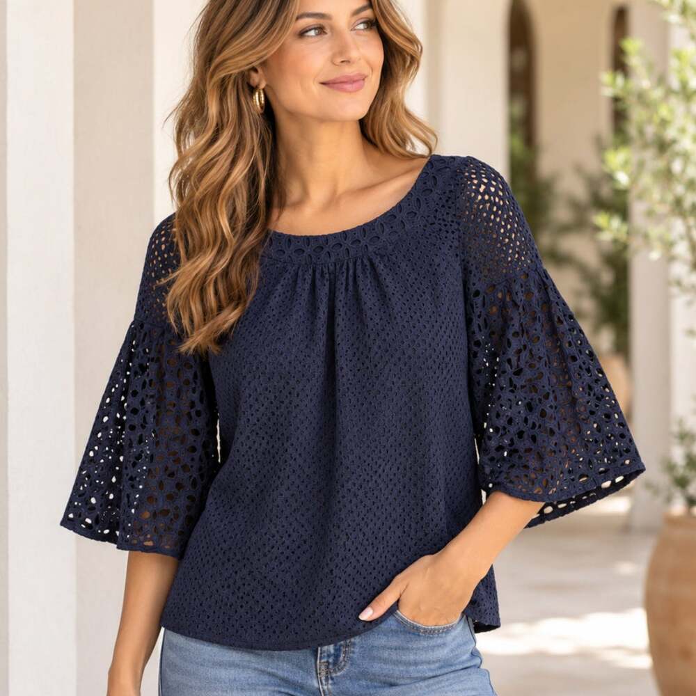 Trina Turk Navy Blue Eyelet Blouse Size S Cotton Bell Sleeve Boho Romantic Top